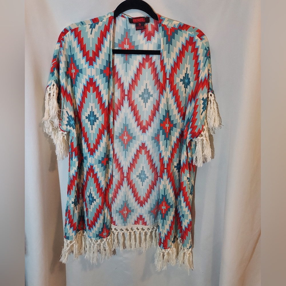 Rock And Roll Denim Vibrant Aztec Print Boho Western Kimono with Fringe